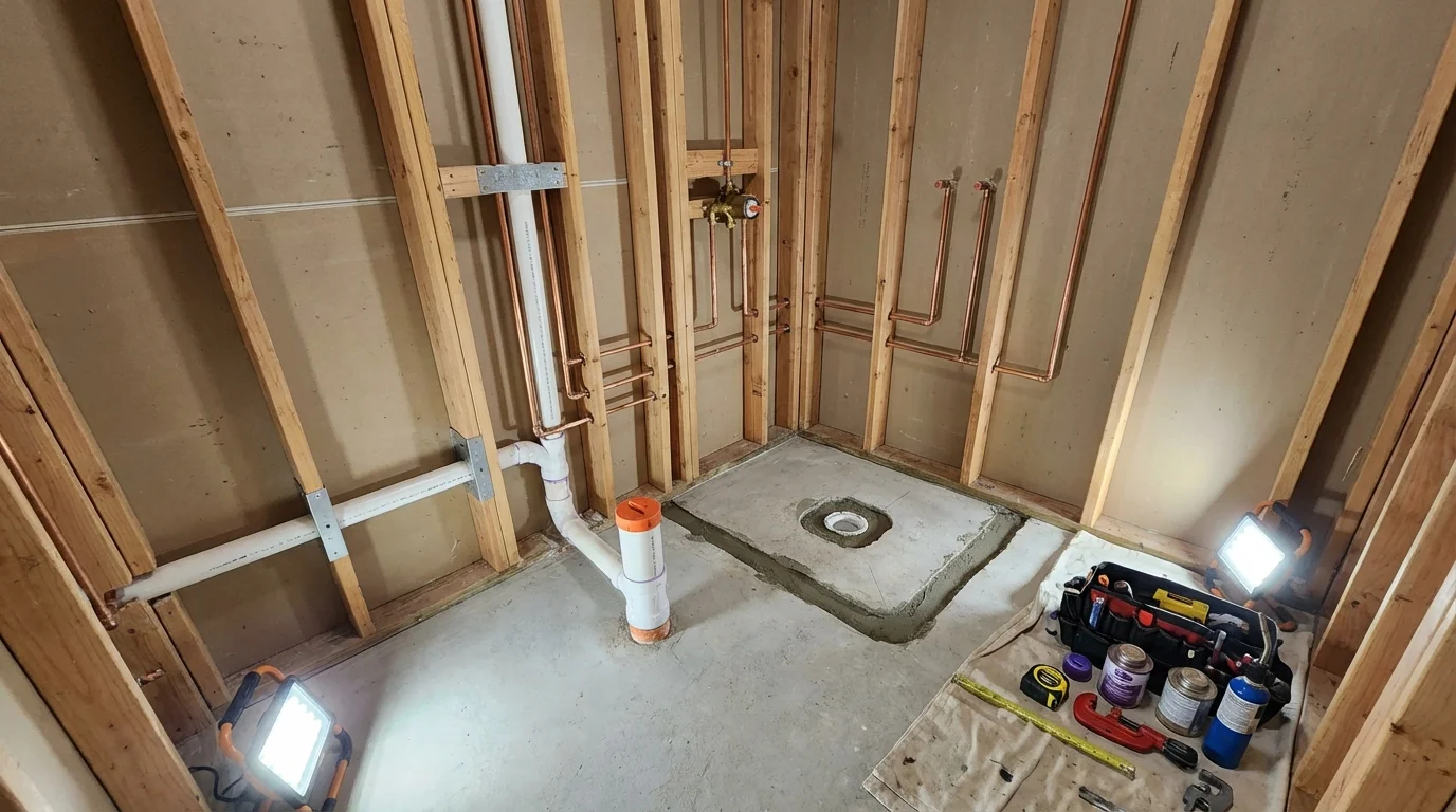 Bathroom rough-in plumbing during remodel by Johns Plumbing LLC in Independence