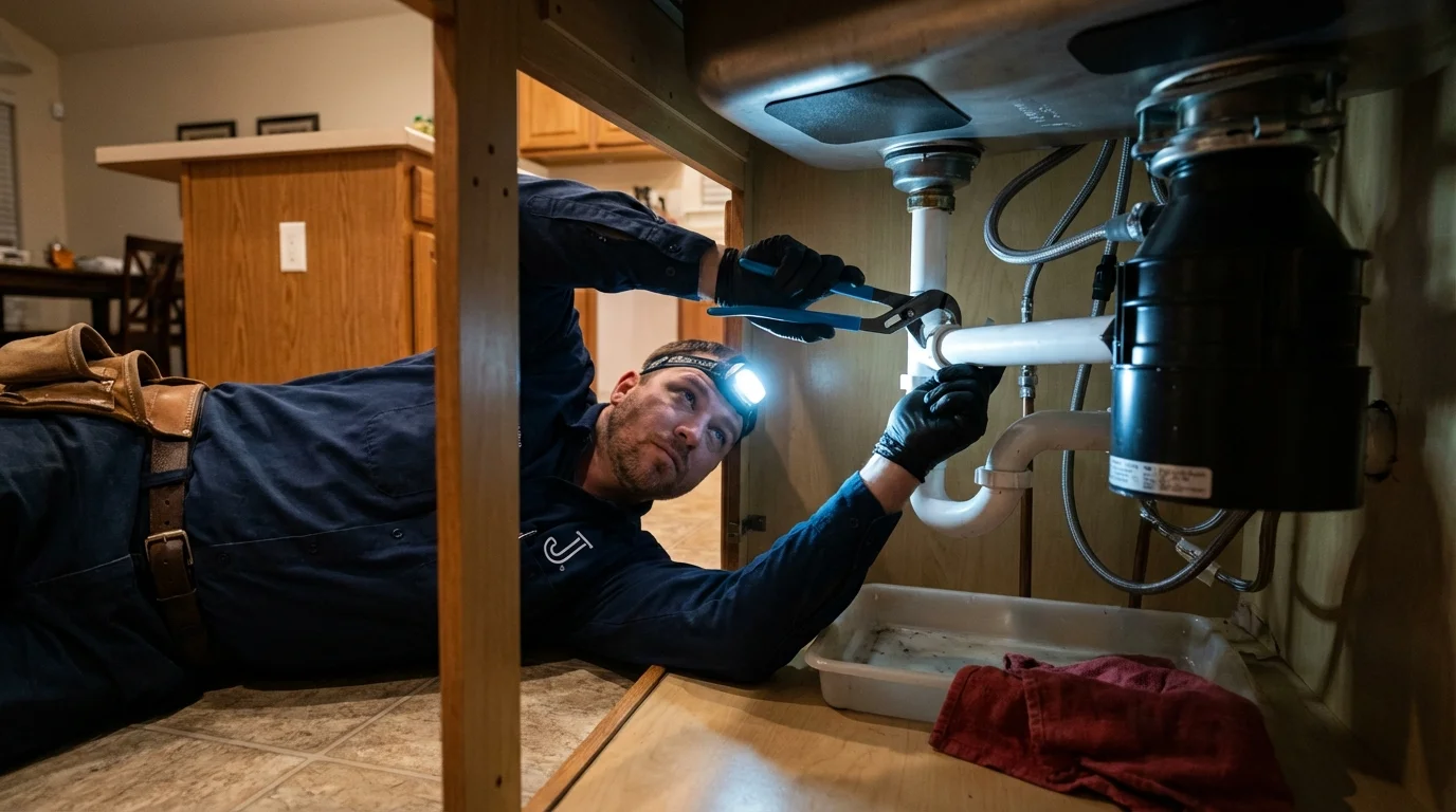 P-trap and supply line connections under a kitchen sink showing a common leak point in Independence, OR